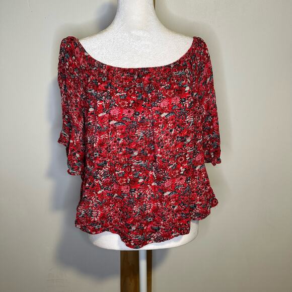 Billabong red floral off-the-shoulder top size L - Picture 2 of 9